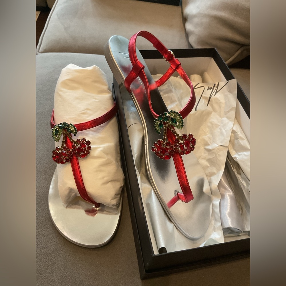 Giuseppe Red Sandals with Cherry Embellishments